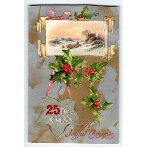 Vintage 1909 Embossed Christmas Postcard Winter Sheep Scene Holly